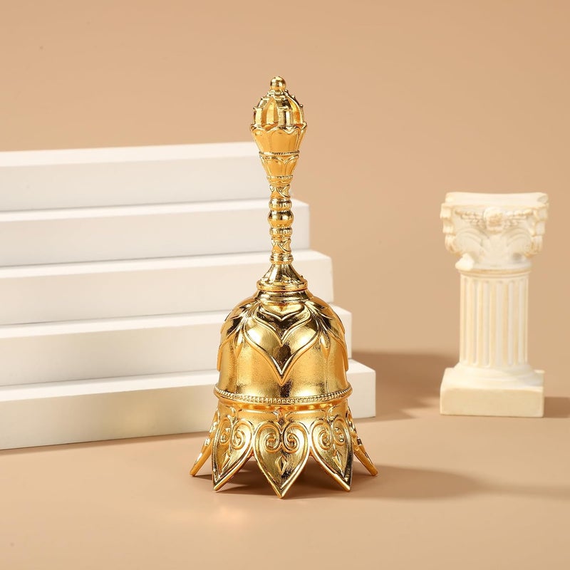 Sinbana Golden Lotus Bell, Small Alloy Gold Prayer Altar Butler Held Bell with Handle Adult Servant Meditation Tibetan Dinner Call Handbell Suitable for Seniors Bedside Classroom Management Servicing Calling - Image 3